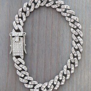 9mm 8inches Cuban Ice Round Curb Diamond Chain Silver Plated Bracelet